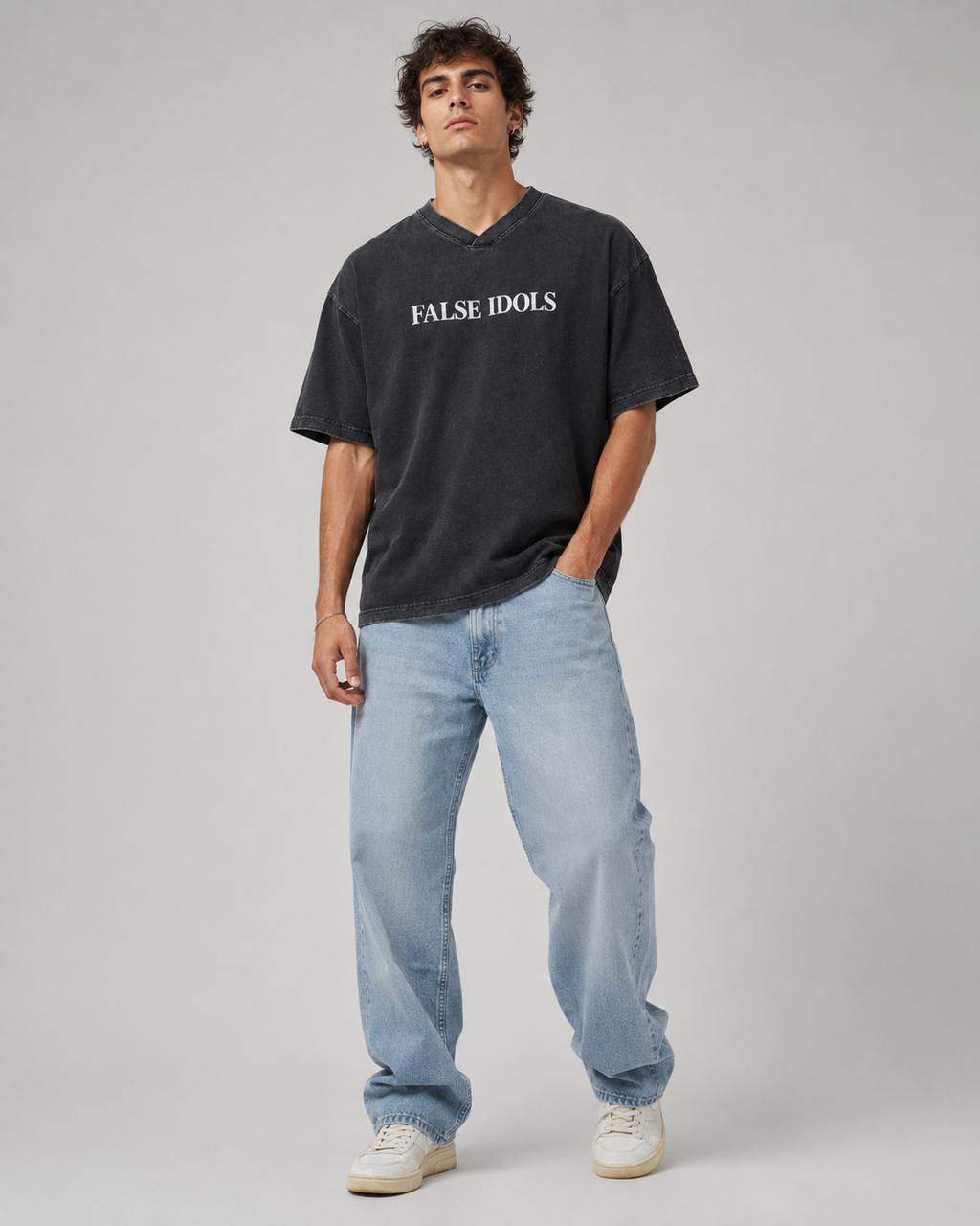 Snow Washed V-Neck Cotton T-Shirt